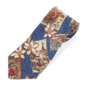 HUGO BOSS Old Timey New York Liberty Gatsby Postcard Blue Men's Silk Neck Tie